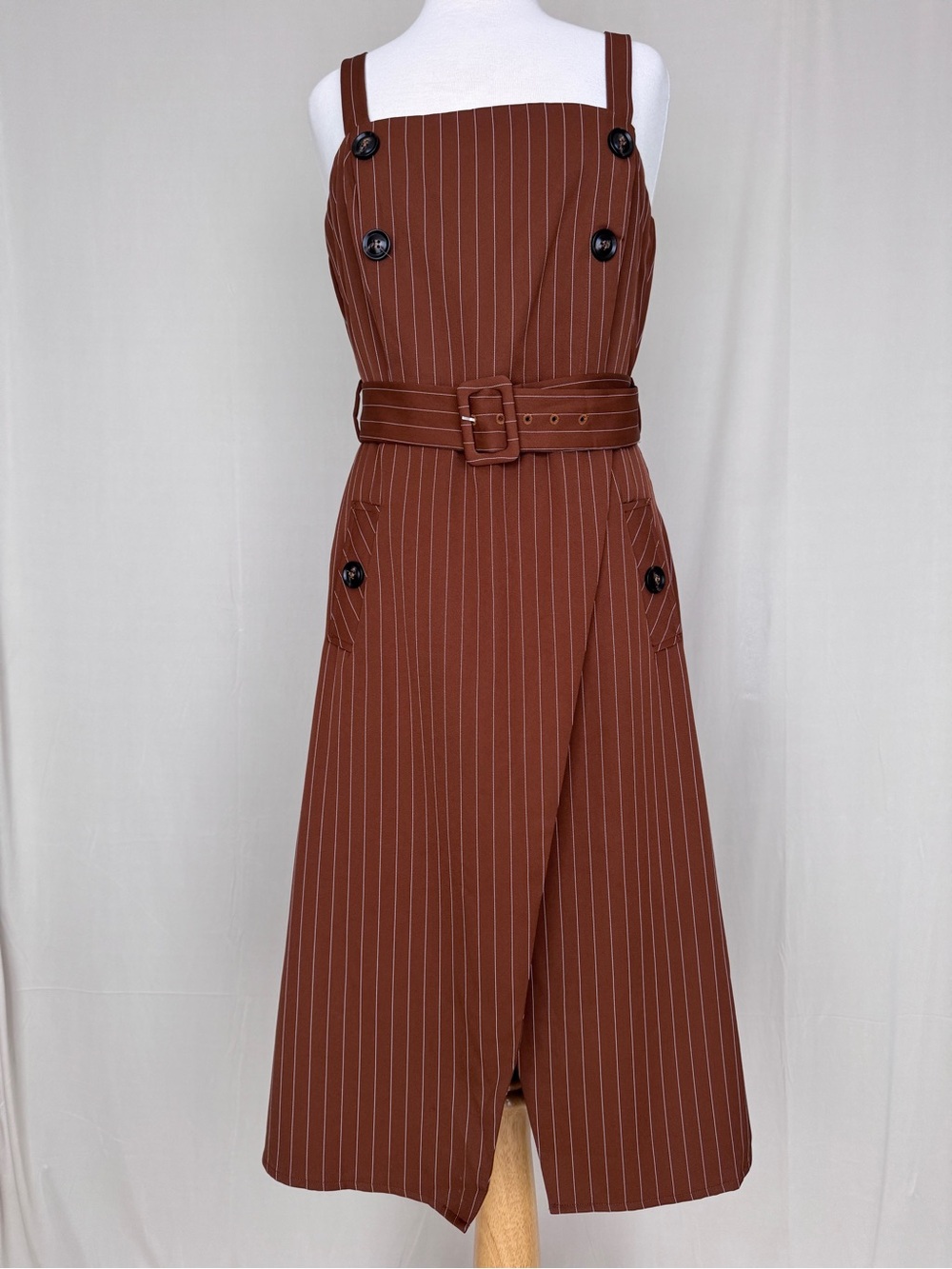 essue Brown Pinstripe Belted Pinafore Dress